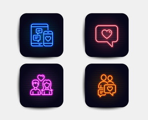 Neon glow lights. Set of Couple love, Love message and Social media icons. Dating chat sign. Dating service, Mobile devices.  Neon icons. Glowing light banners. Vector