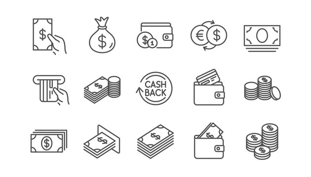 Money and payment line icons. Cash, Wallet and Coins. Account cashback linear icon set.  Vector