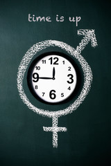 text time is up and symbol for gender equality