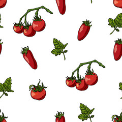 Seamless pattern with tomatoes and tomato leaves. Endless pattern with vegetables on white background