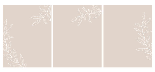 Set of 3 Olive Twigs Vector Illustration. White Sketched Olive Branches Isolated on a Light Brown Background. Simple Elegant Wedding Cards. Floral Hand Drawn Arts. Illustration Without Text.