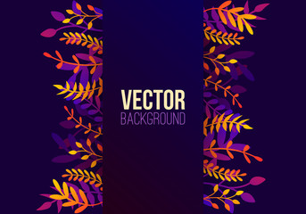 Vector natural background in trendy flat style with gradient colored exotic plants, leaves and place for text. Modern botanical illustration for banner, greeting card, poster.