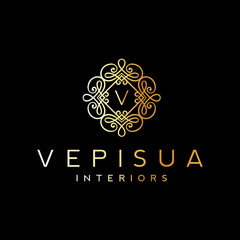 Initial letter V with vintage ornament logo gold vector illustration