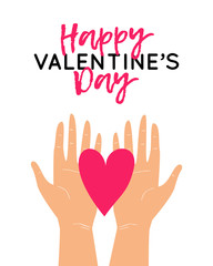 Vector illustration with two hands holding heart. Happy Valentine's Day greeting card design