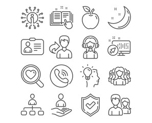 Set of Technical documentation, Management and Idea icons. Id card, Support and Women group signs. Teamwork, Recruitment and Search love symbols. Manual, Agent, Professional job. Vector