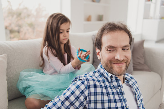 Close Up Photo Little She Her Girl Glad He Him His Father Hair Try Hard Make Daddy Best Cool Coiffure Glad To Be Useful Sunday Homey Wear Jeans Denim Checkered Plaid Shirt House Sit Cozy Divan