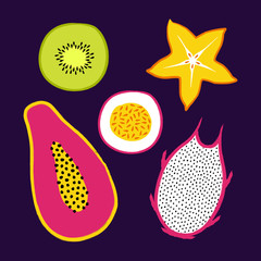 Vector tropical set with exotic sliced ​​fruits: papaya, kiwi, pitaya, carambola, passion fruit. Trendy summer design for textile, poster, banner, print