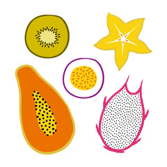 Vector tropical set with exotic sliced ​​fruits: papaya, kiwi, pitaya, carambola, passion fruit. Trendy summer design for textile, poster, banner, print