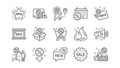 Discount line icons. Shopping, Sale and New. Hot offer linear icon set.  Vector