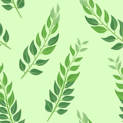 Leaves on green background. Botanical seamless pattern. Vector illustration of tree branches in cartoon simple flat style.