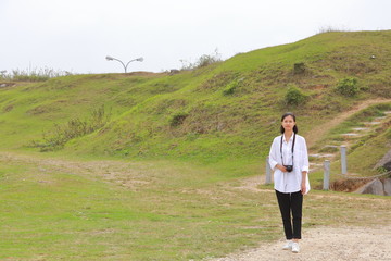 woman traveling to Ho citadel in Thanh Hoa,Vietnam