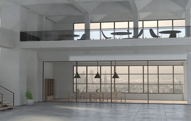 The modern office interior in a daytime. 3D render