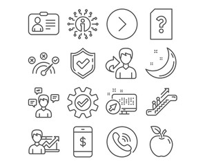 Set of Smartphone payment, Id card and Escalator icons. Service, Conversation messages and Correct answer signs. Forward, Success business and Unknown file symbols. Vector