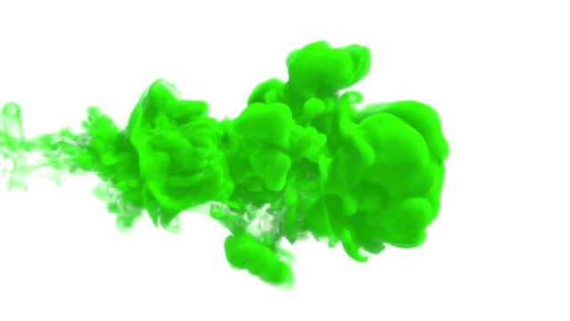 UHD 3D animated simulation of the green ink in a liquid against the white background