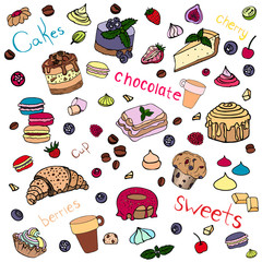 The pattern is drawn by hand, the color vector image. Sweets, for cloth, menu, cake, cheesecake, croissant, marshmallows, berries, chocolate cake.