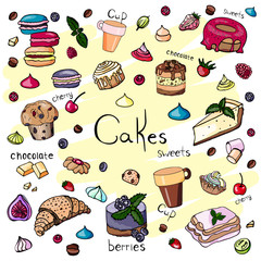 set of cakes and sweets on a colored background is drawn by hand. for cafe and ristoranov croissant, cake, cheesecake, biscuits, berries, tiramisu.