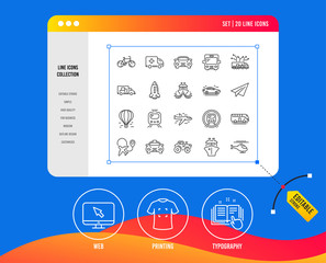 Transport line icons. Set of Taxi, Helicopter and Train linear icons. Truck, Underground metro or Tram and Air balloon transport symbols. Bike, Airport plane and Ship. Travel bus. Paper airplane