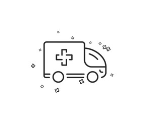 Ambulance emergency car line icon. Hospital transportation vehicle sign. Medical symbol. Geometric shapes. Random cross elements. Linear Ambulance emergency icon design. Vector