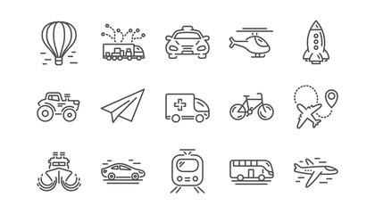 Fototapeta na wymiar Transport line icons. Taxi, Helicopter and Train. Airplane linear icon set. Vector