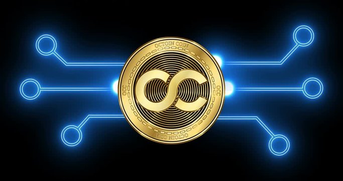 Octoin Coin (OCC) cryptocurrency coin with glowing blockchain transaction