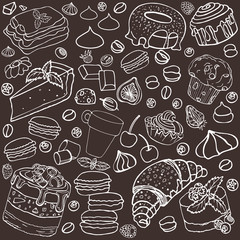 Pattern of sweets, hand-drawn, vector image. Sweets, for cafe, menu, cake, cheesecake, croissant, marshmallow, berries, chocolate cake without color, contour.