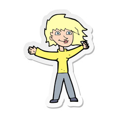 sticker of a cartoon excited woman waving
