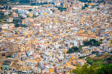 Fototapeta na wymiar Top view of Castellammare del Golfo in Sicily, architecture backgroung, Italy