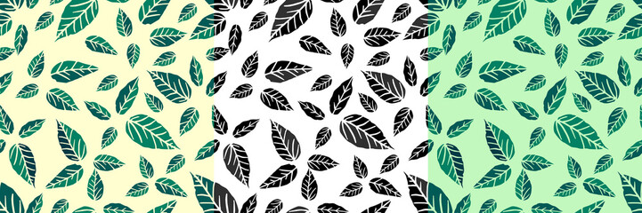 Fototapeta na wymiar Seamless pattern with leaves of green and yellow and white leaves on one sheet. Drawn by hand.