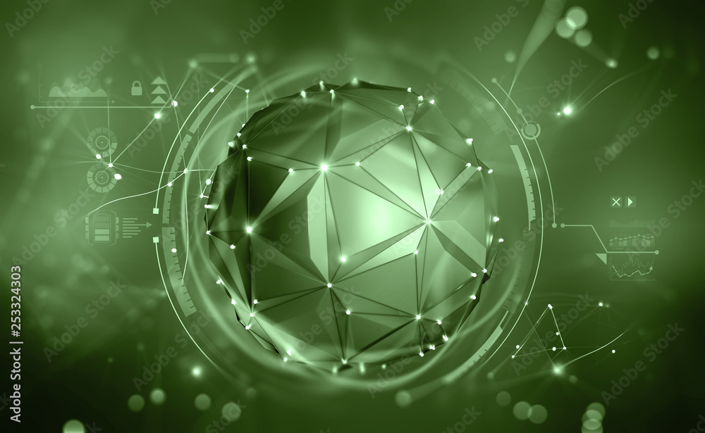Poster Digital mind. Work on the creation of artificial intelligence. Wireless network technology. 3D illustration of an innovative processor in the global cyberspace of the future