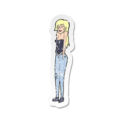 retro distressed sticker of a cartoon pretty woman shrugging shoulders