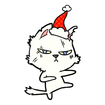 Tough Comic Book Style Illustration Of A Cat Wearing Santa Hat