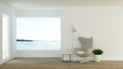 The interior minimal hotel relax space 3d rendering and nature view background	