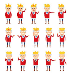 Set of old king characters showing various hand gestures. Funny king pointing, greeting, showing thumb up and other gestures. Flat design vector illustration