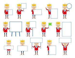Set of old king characters posing with various blank signboards. Funny king holding paper, placard, banner, pointing to whiteboard. Flat design vector illustration