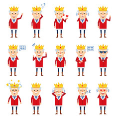 Set of old king characters showing various emotions. Funny king laughing, surprised, angry, crying, dazed, in love and showing other emotions. Flat design vector illustration