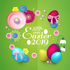 Fototapeta na wymiar Happy Easter Design Template with Realistic Colorful Eggs and Spring Flowers.
