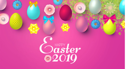 Happy Easter Design Template with Realistic Colorful Eggs,Banner, Spring Flowers and Grass.