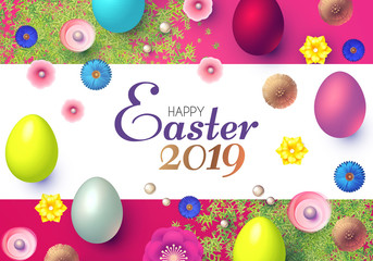 Happy Easter Design Template with Realistic Colorful Eggs,Banner, Spring Flowers and Grass.