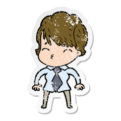 distressed sticker of a cartoon woman thinking