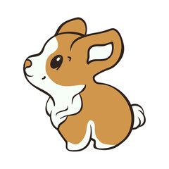 Welsh corgi dog breed vector illustration. Cute puppy sits side view, cartoon icon. Fluffy Corgi Pembroke, love dogs. Simple emblem for pet shop, zoo ads, animal food package. Canine theme flat style 