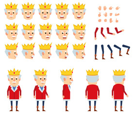 Old king creation set. Various gestures, emotions, diverse poses, views. Create your own pose, animation. Flat style vector illustration