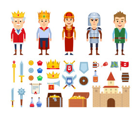 Set of medieval characters and various design elements. Icons of king, knight, young prince, peasant, castle, treasure chest and other fantasy elements. Flat design vector illustration
