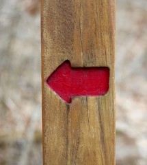 The red arrow on the wood board and on a close view.