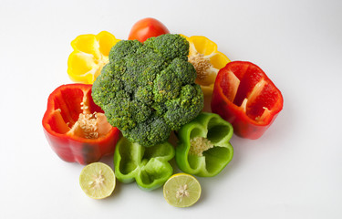 Table top photography green vegetables and spices.