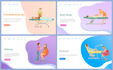 Beauty procedure web pages online appointment order vector. Chocolate body spa and wrap, makeup and pedicure, salon masters and clients, table for treatment