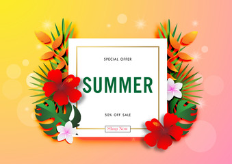 Summer sale background with paper art of tropical, vector illustration template, banners, Wallpaper, invitation, posters, brochure, voucher discount