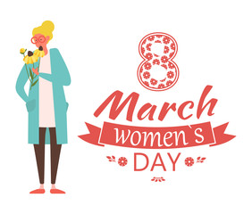8 March spring holiday lettering congratulations with woman smelling beautiful yellow flowers. Vector pretty lady and bouquet, daisies and female