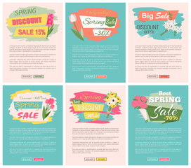 Sale, discount and best offer, label for springtime promotion and advertising, daisy bouquet. Advertisement decorated by flowers, greeting for ladies vector. Website with links buy and read now