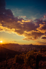 A portrait of the American Southwest at sunset with saguaro cactus and a colorful sky.