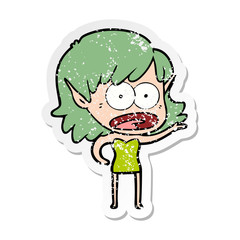 distressed sticker of a cartoon shocked elf girl